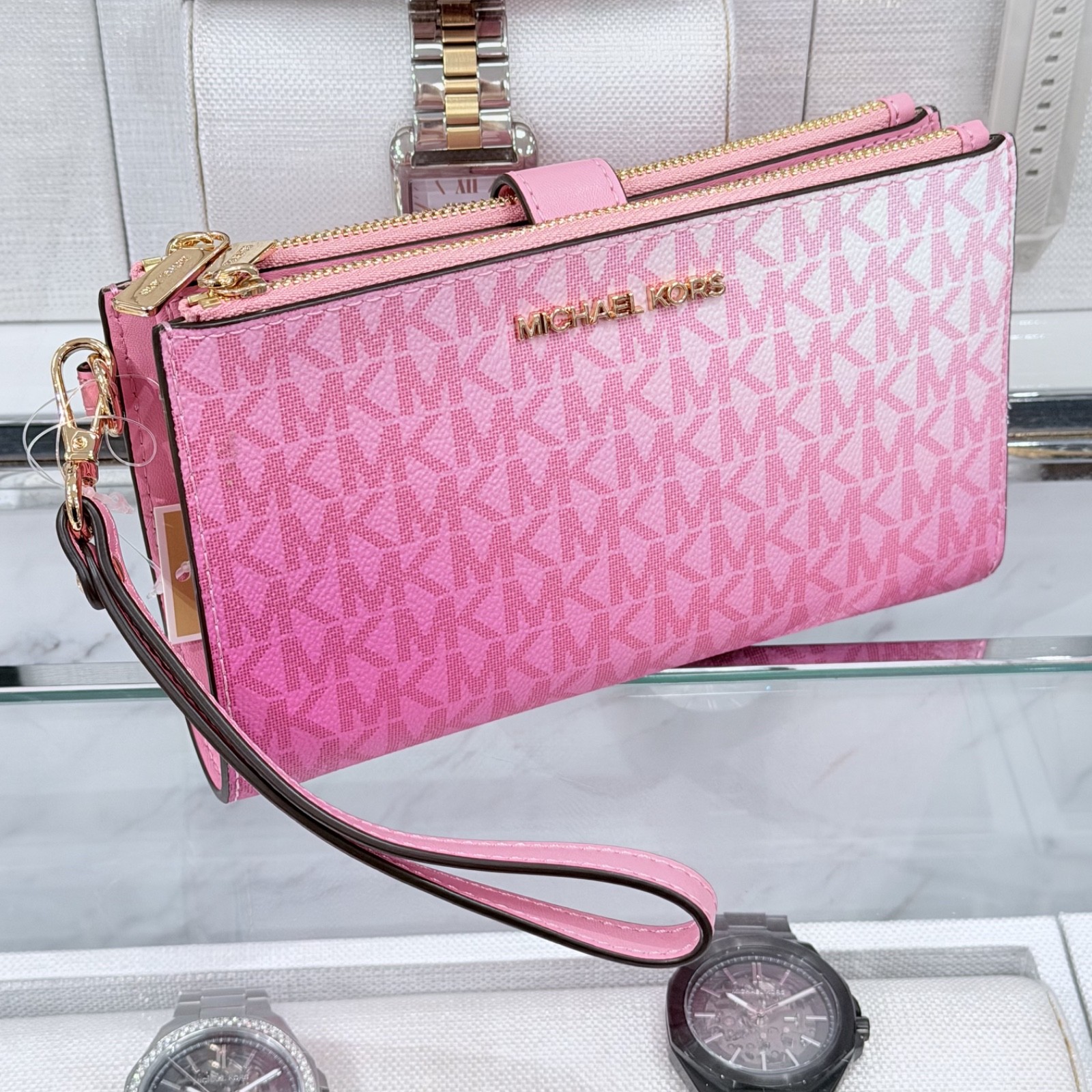 Michael Kors Jet Set Travel Double Zip Wristlet Wallet MK Logo Ombre Carnation