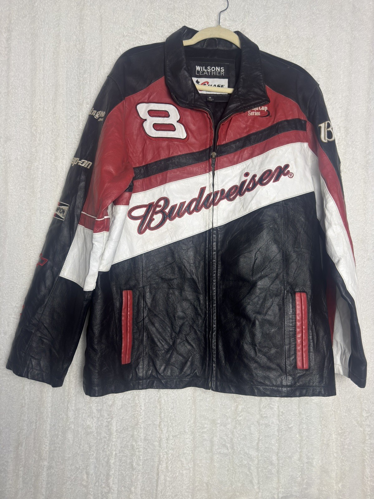 Dale Earnhardt Jr #8 Budweiser Wilsons Leather Chase NASCAR Y2K Racing Jacket M