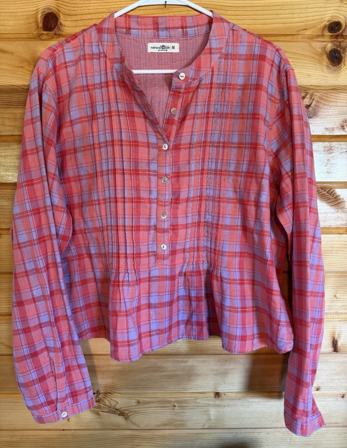 Natural Life Women’s Pink/Purple Plaid Collared Button Front Cotton Blouse M