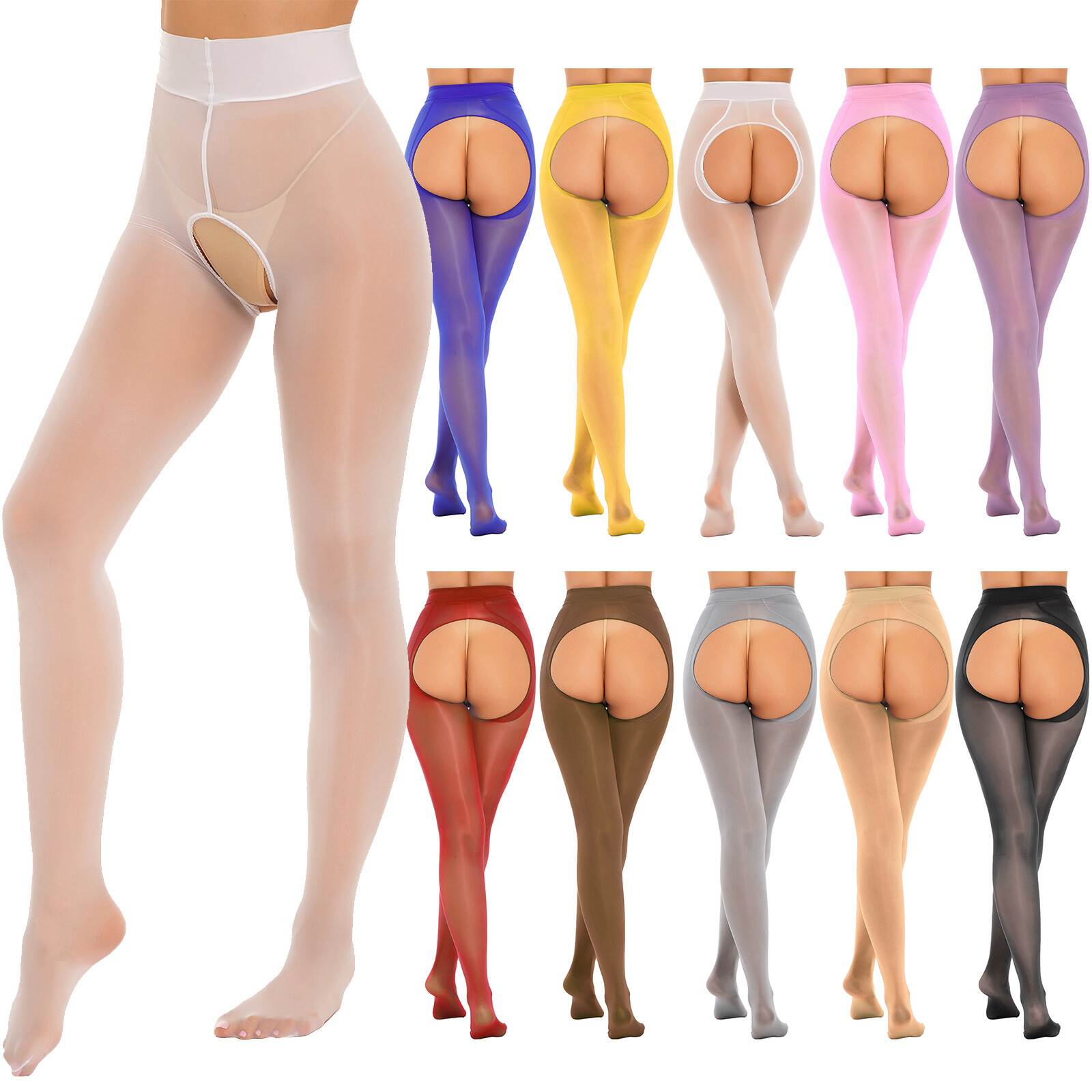 Women Oil Glossy Crotchless Pantyhose Stockings Stretchy Tights Sports Lingerie