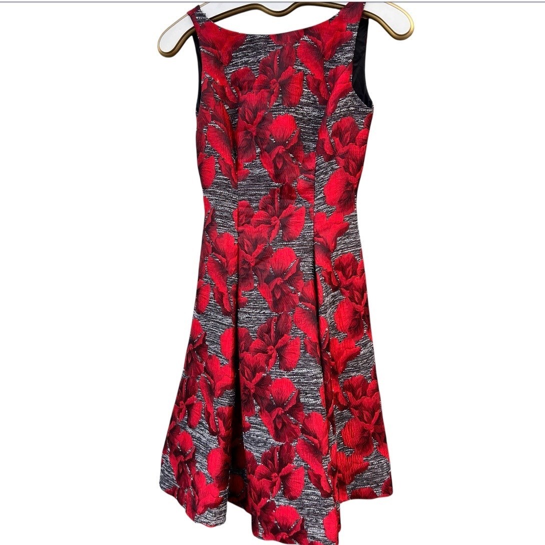 Adrianna Papell Floral Jacquard Fit & Flare Dress Red Black V-Back Old Money 4