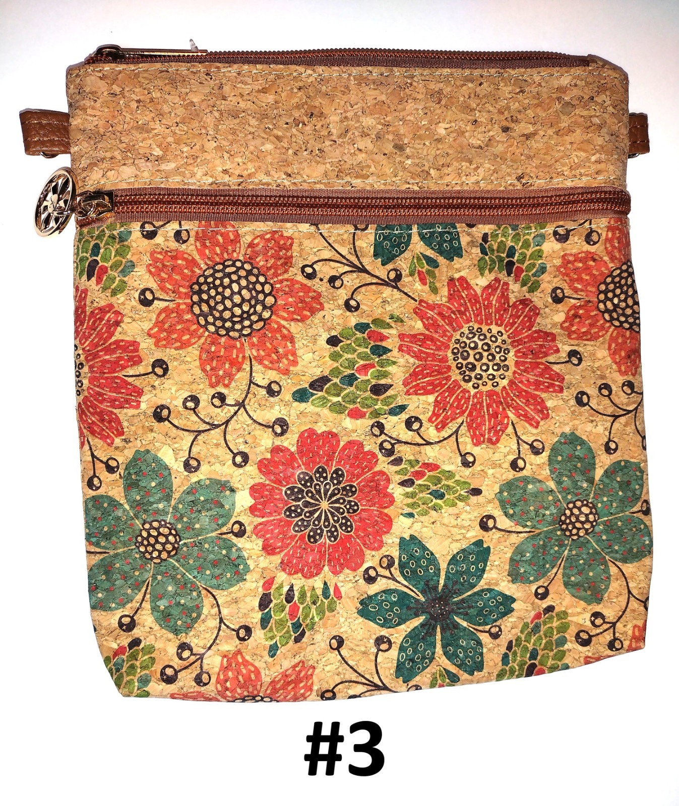 Crossbody Vertical Eco-Friendly Cork Bag, Double Zipper Pockets.