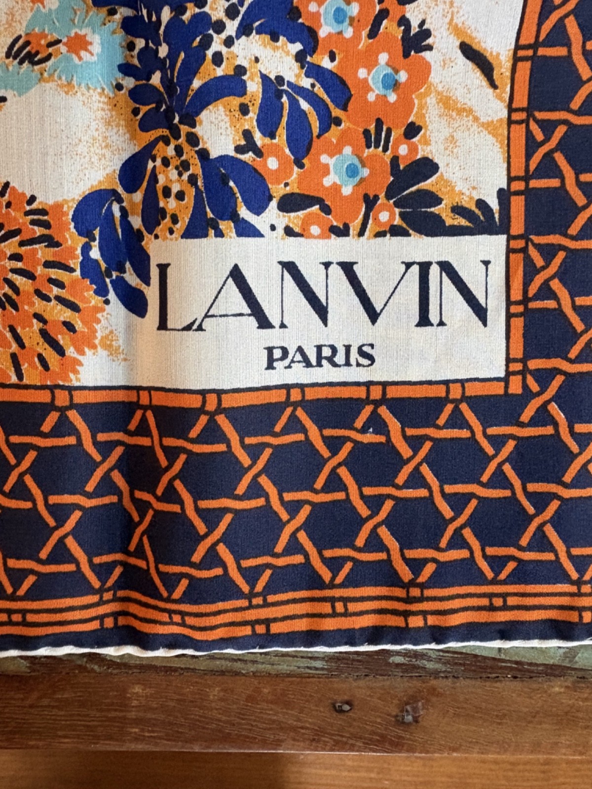 Vintage LANVIN Paris Silk Scarf 90s Floral Geometric Orange Blue Hand Rolled