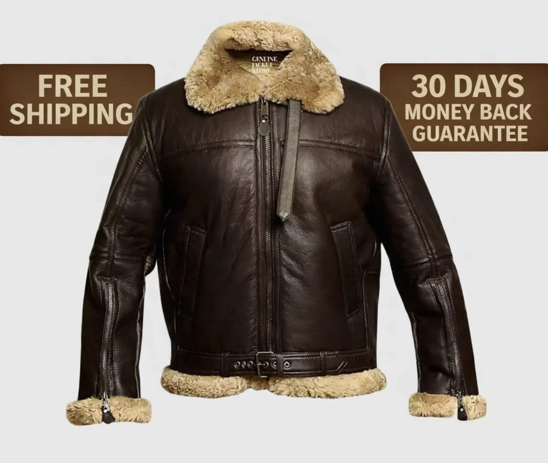 Men’s B3 RAF Shearling Real Leather Aviator Flying Bomber Jacket Brown