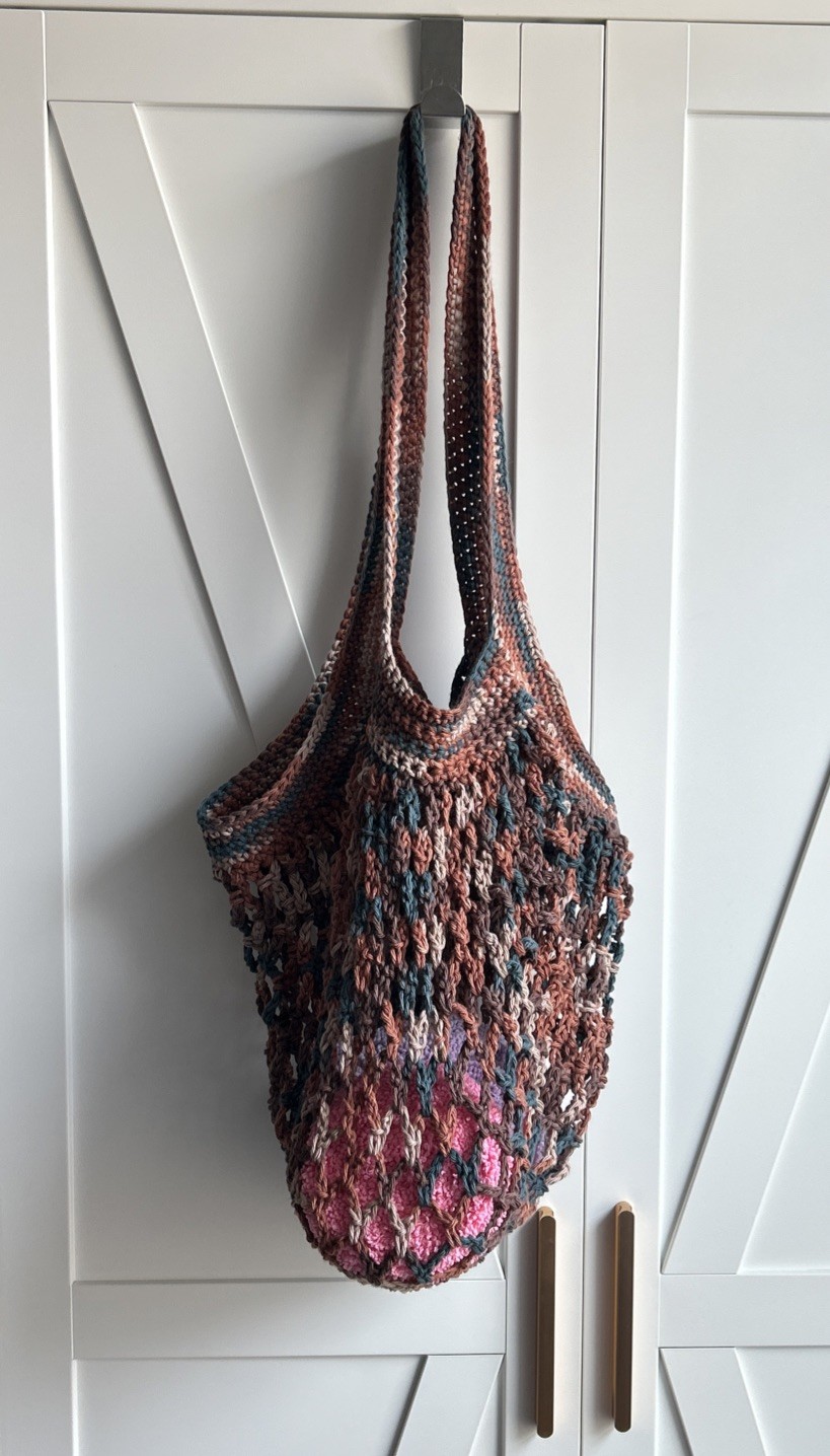 Crochet Cotton Market Bag, Brown Blue Tan, Beach Bag, Eco-Friendly Mesh Bag