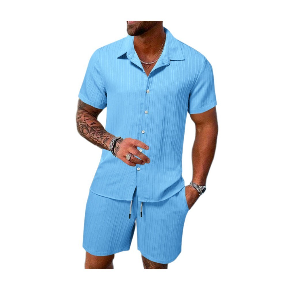 2026 Men 2 Set Short Sleeve Button Shirt Shorts Suit Tops+Shorts T Shirts Casual