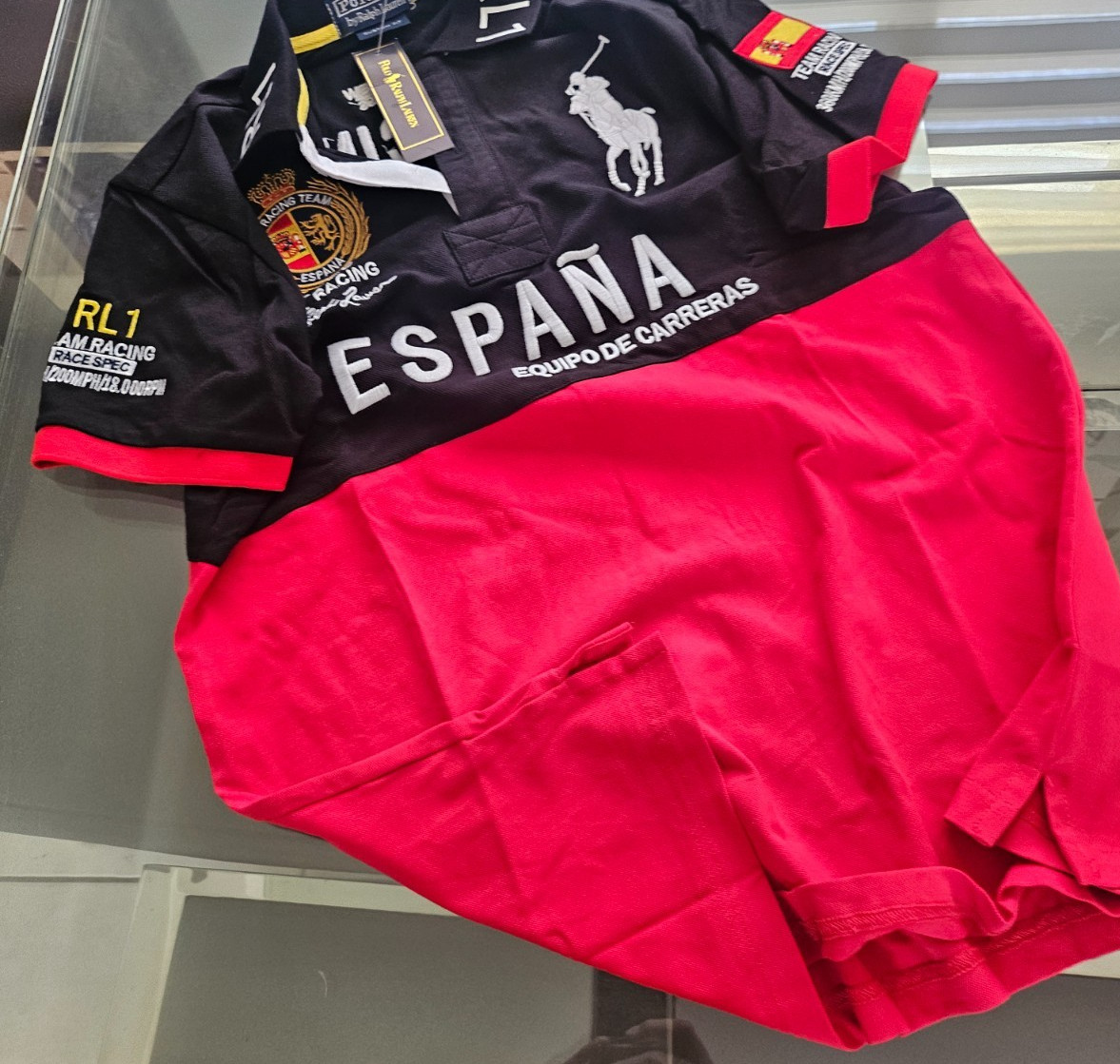 Polo Ralph Lauren RL Racing España Polo Shirt Men’s Black Red Big Pony 3 Spain