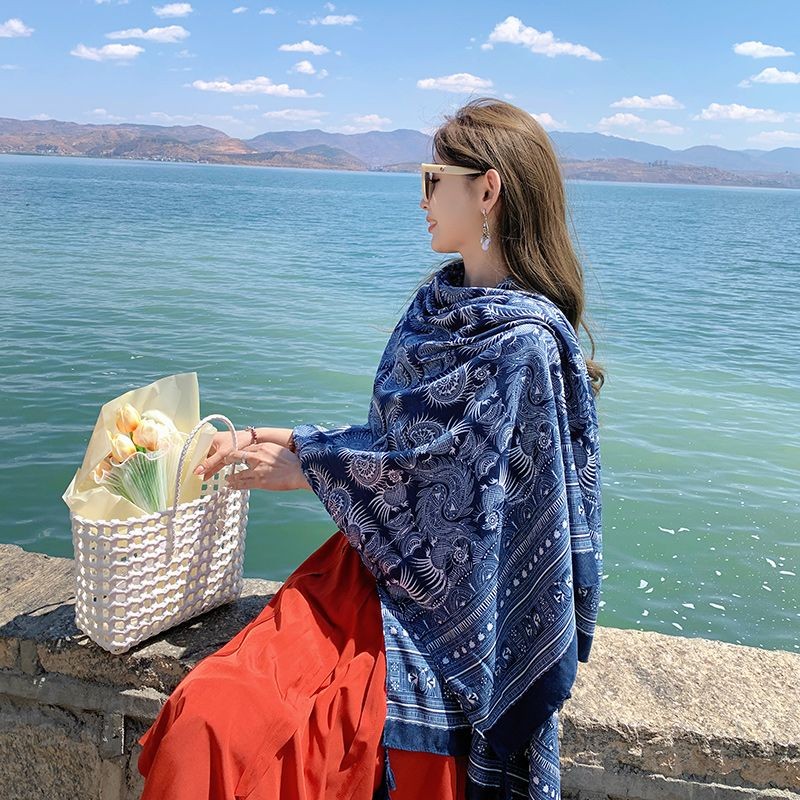 Ethnic Cotton Linen Scarf Shawl Wrap Warm Cover for Spring Fall Travel Photo
