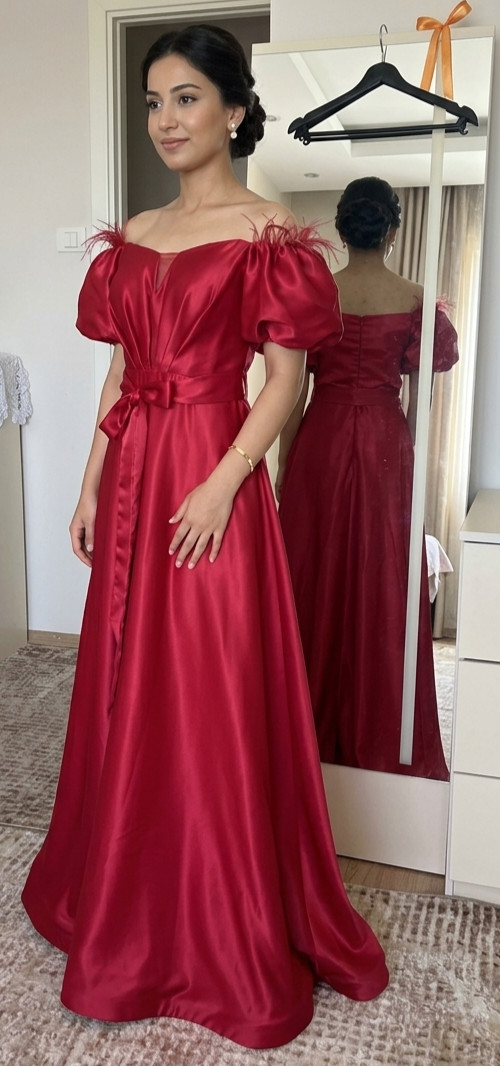 Elegant Red Satin Evening Dress Balloon Puff Sleeve Maxi Party Gown Gently Used