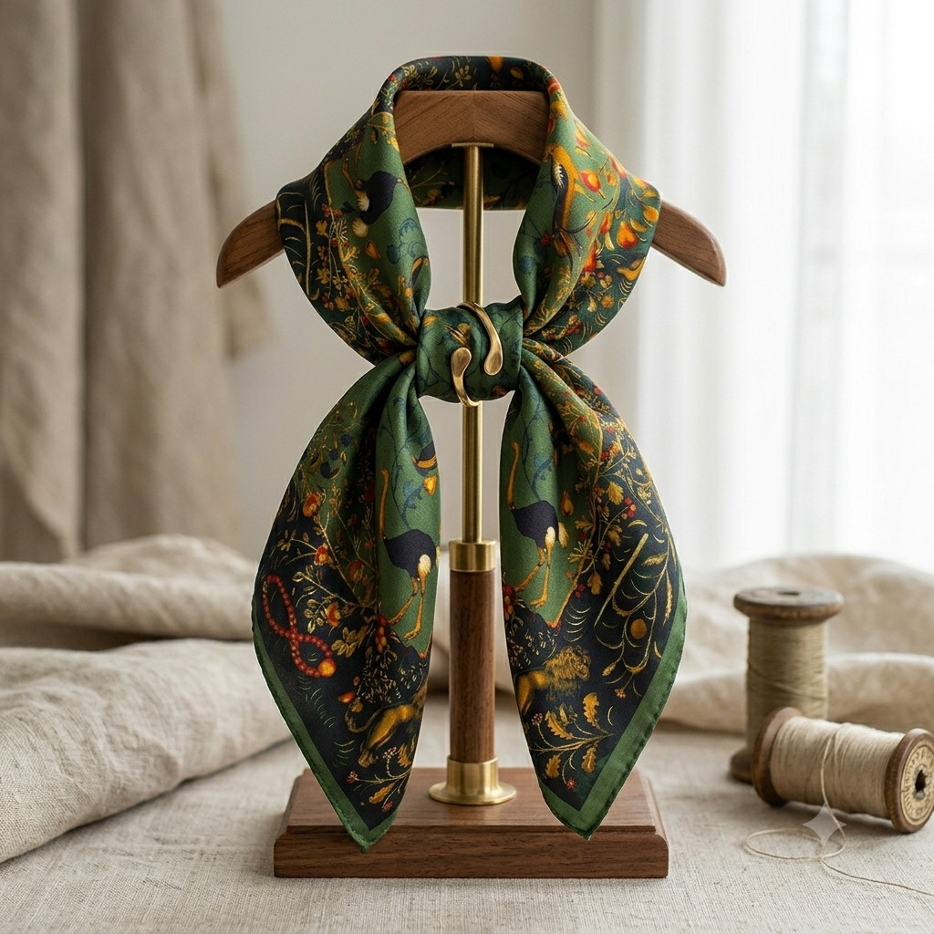 20″ Women Square Scarf with, Green Bird Print , neckerchief
