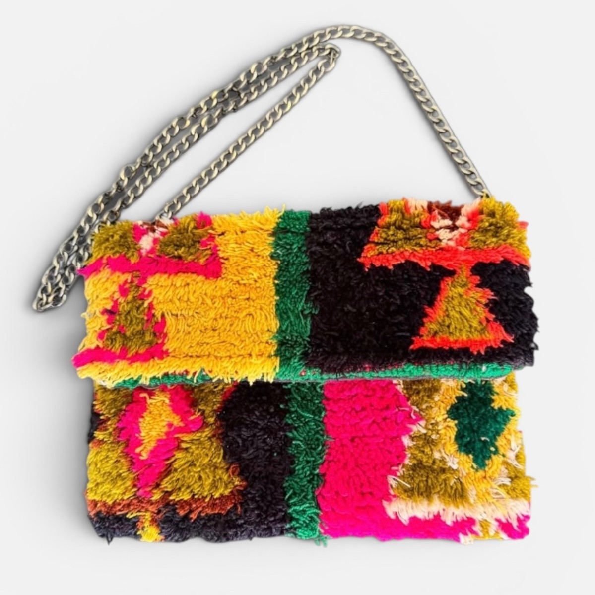 Moroccan Berber Rug Bag 10″ Colorful Shaggy Tufted Crossbody Purse