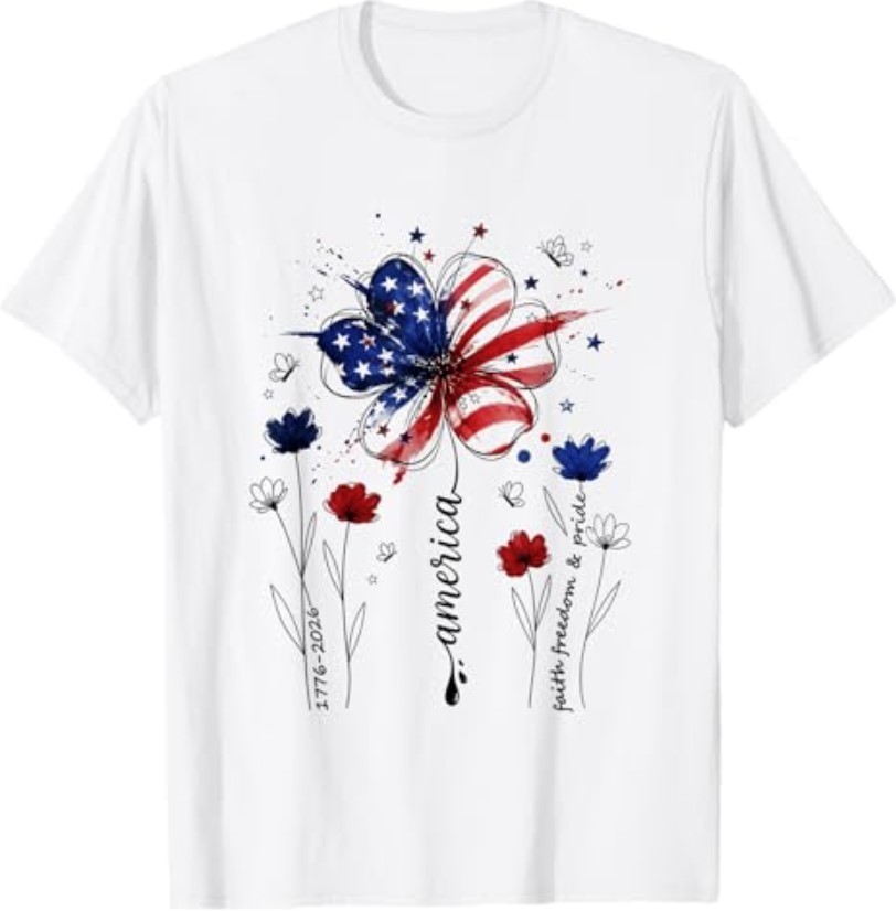 Independence Day Patriotic American Flag USA Flower Women T-Shirt