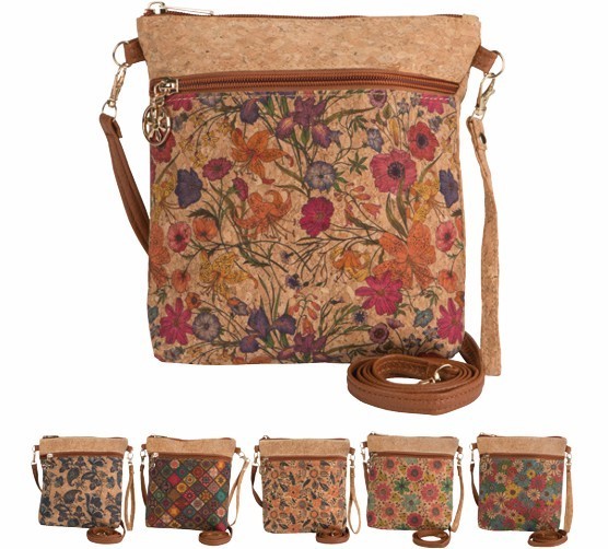Crossbody Vertical Eco-Friendly Cork Bag, Double Zipper Pockets.