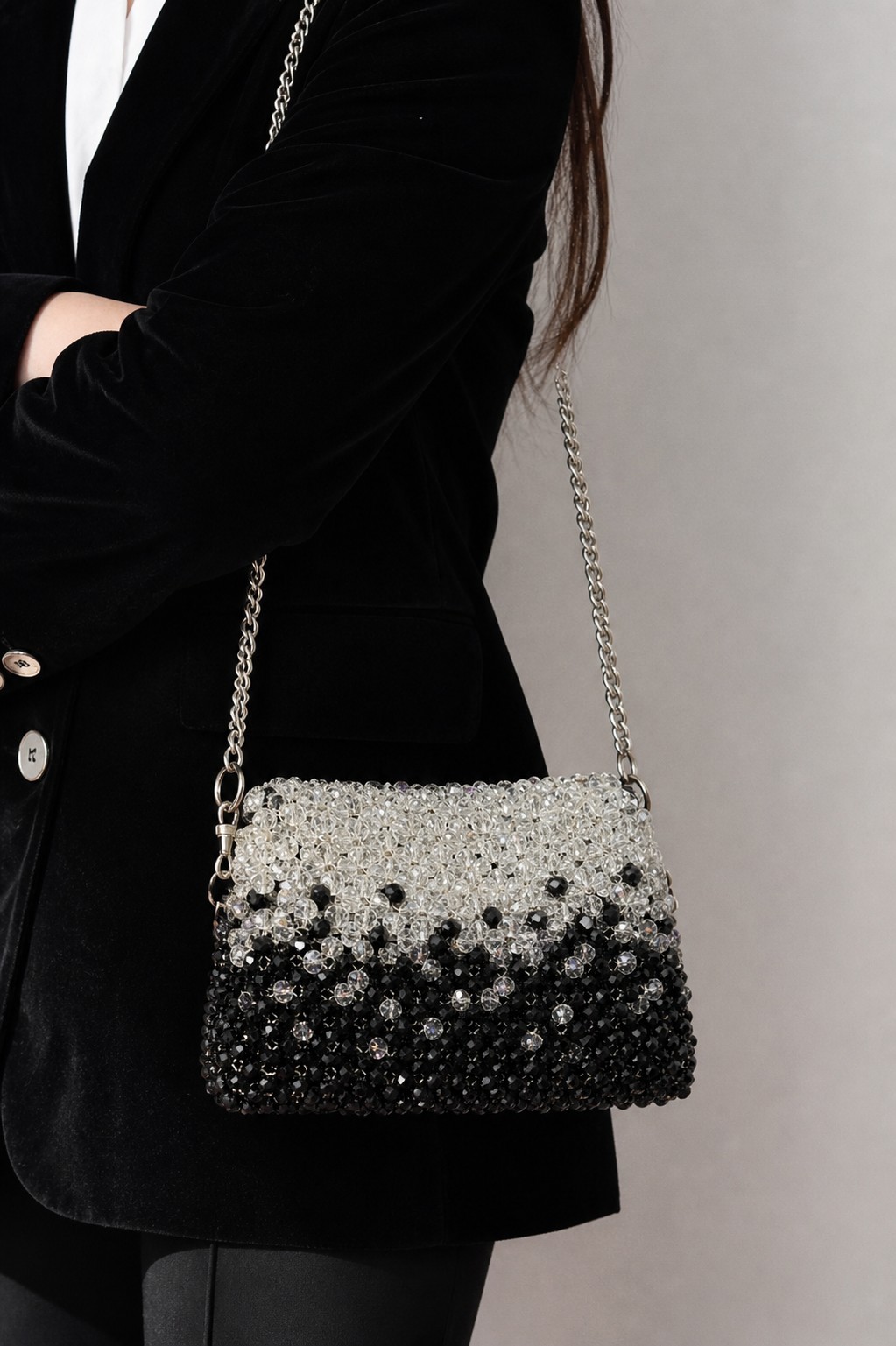 Black Crystal Beaded Bag for Date Night Purse Handmade Evening Bag for Wedding