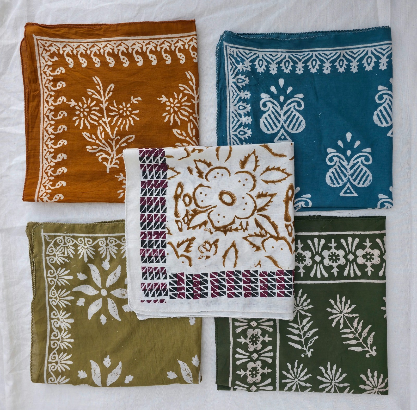 Organic Cotton Bandana Set of 5: Paisley Print Hand Blocked Scarves