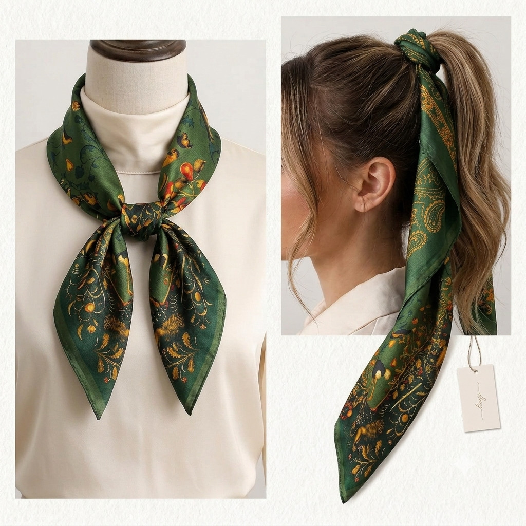 20″ Women Square Scarf with, Green Bird Print , neckerchief