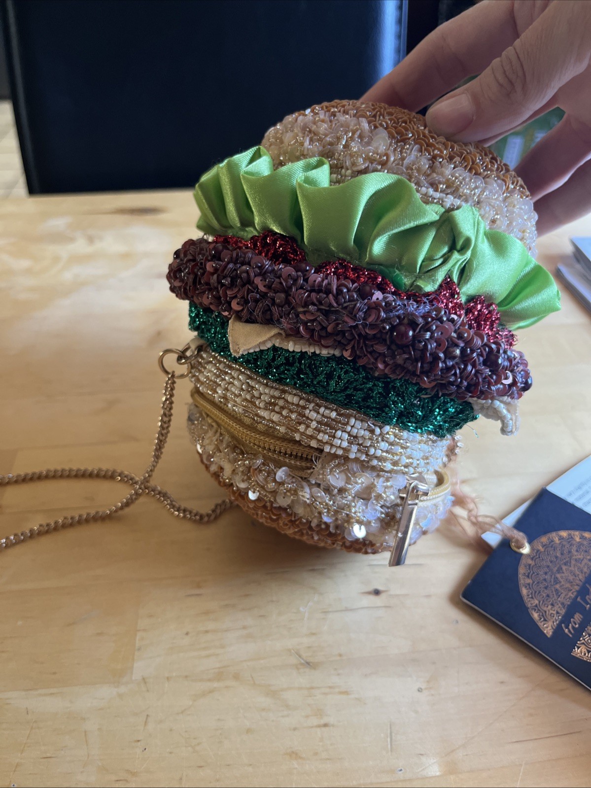 Handmade Beaded Burger Novelty Crossbody Purse Gold Chain NWT India