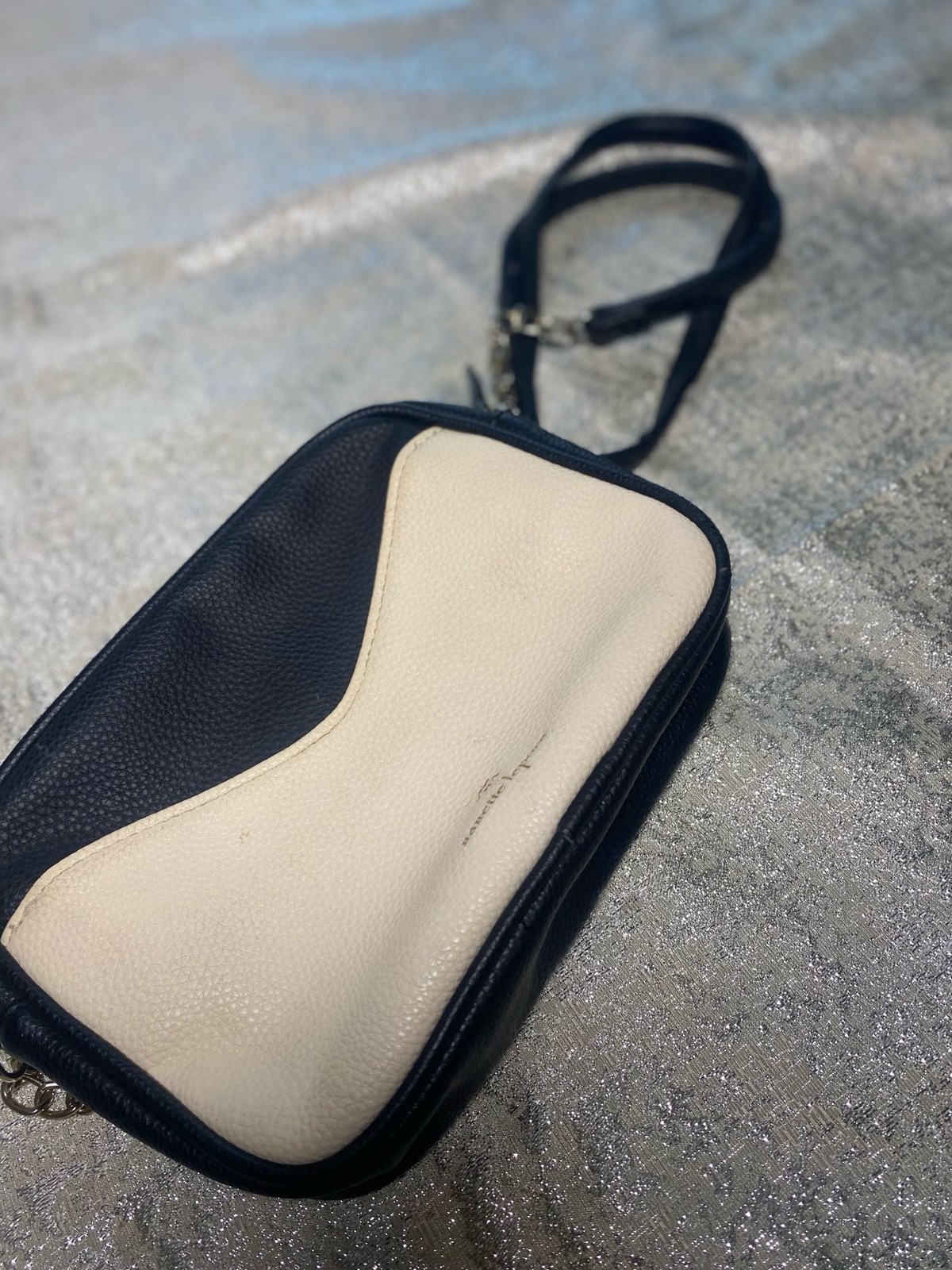 Nanette Lepore Black and Cream Pebbled Faux Leather Crossbody Bag
