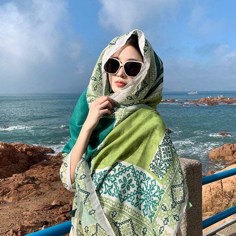 Green Ethnic Scarf Shawl Wrap Cotton Linen Lightweight Cover for Summer Beach