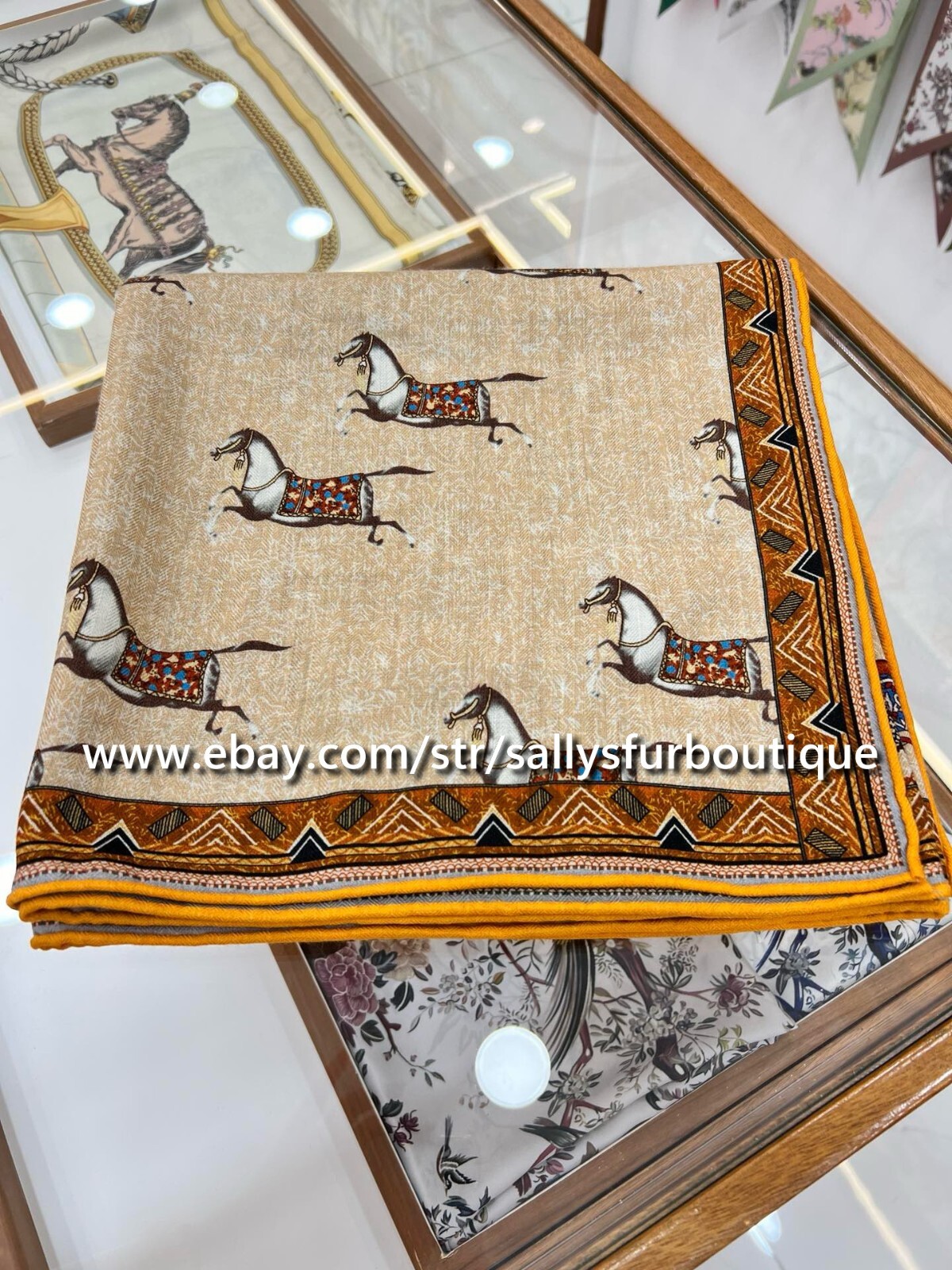 Sallys 70% Cashmere & 30% Silk Wrap Scarf Horses Print Double Face Shawl 53″