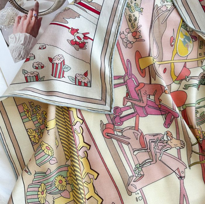 70% Cashmere 30% Silk Wrap Scarf Pink horse Print Double Face Print Shawl 53”