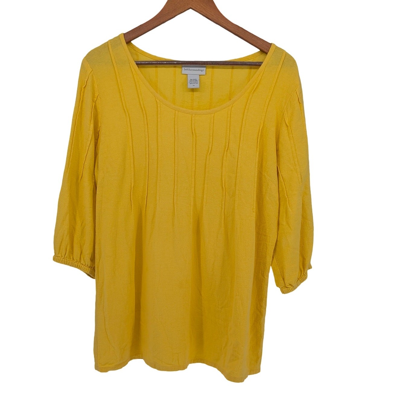 Soft Surroundings Yellow Textured Knit Top Petite Medium 100% Cotton 3/4 Sleeve