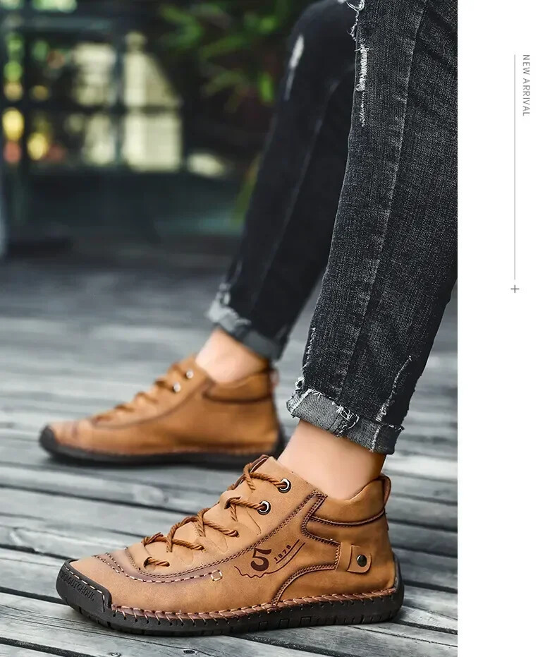 Men Hand Stitched Leather Walking Shoes Lace Up Non Slip Casual Outdoor Sneakers
