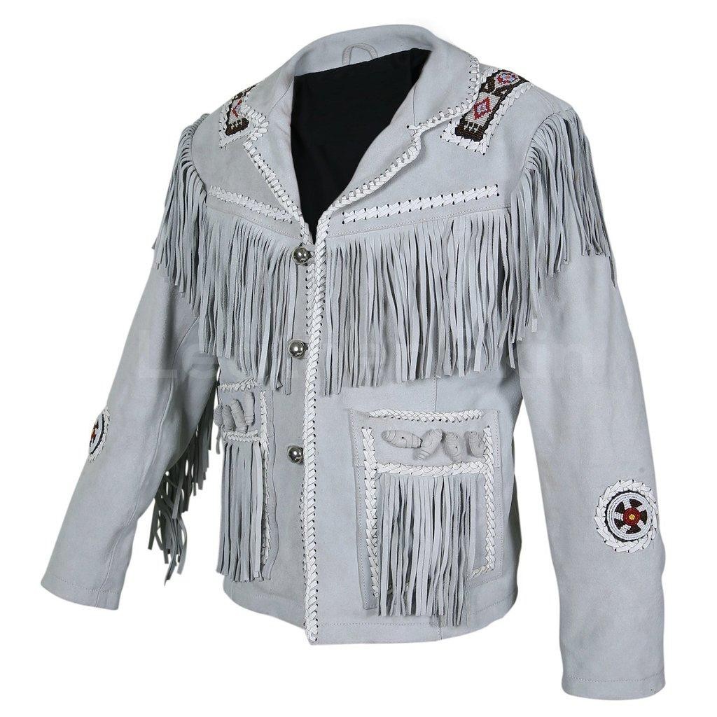 Men’s Grey Suede Leather Cowboy Jacket Western Fringe Beaded Native American