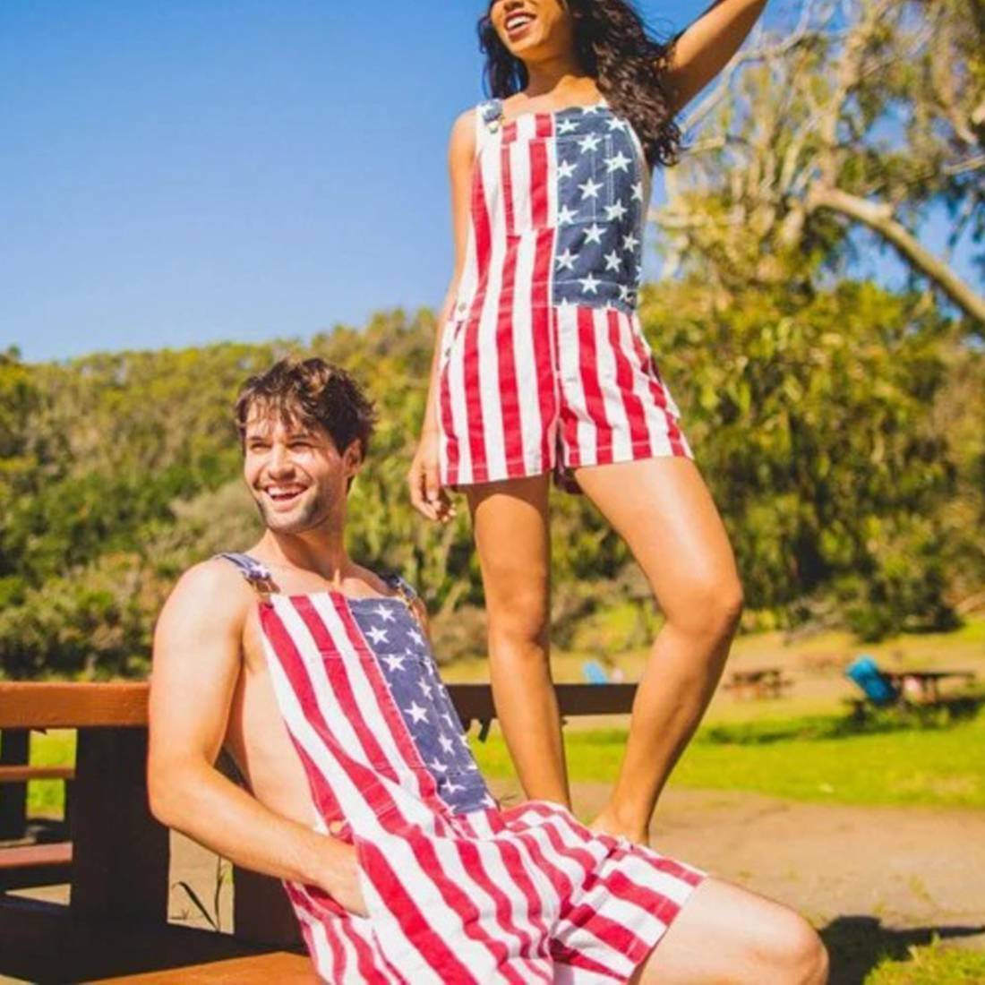 Women’s & Men’s Overalls USA America Flag Print Bib Pants Jumpsuit Romper Shorts