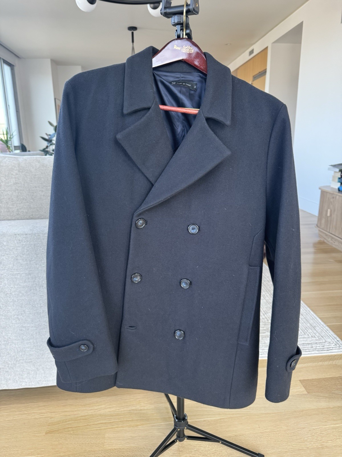 AG Men’s Black Pea Coat Made in Italy Button Closure Lined Pockets XL