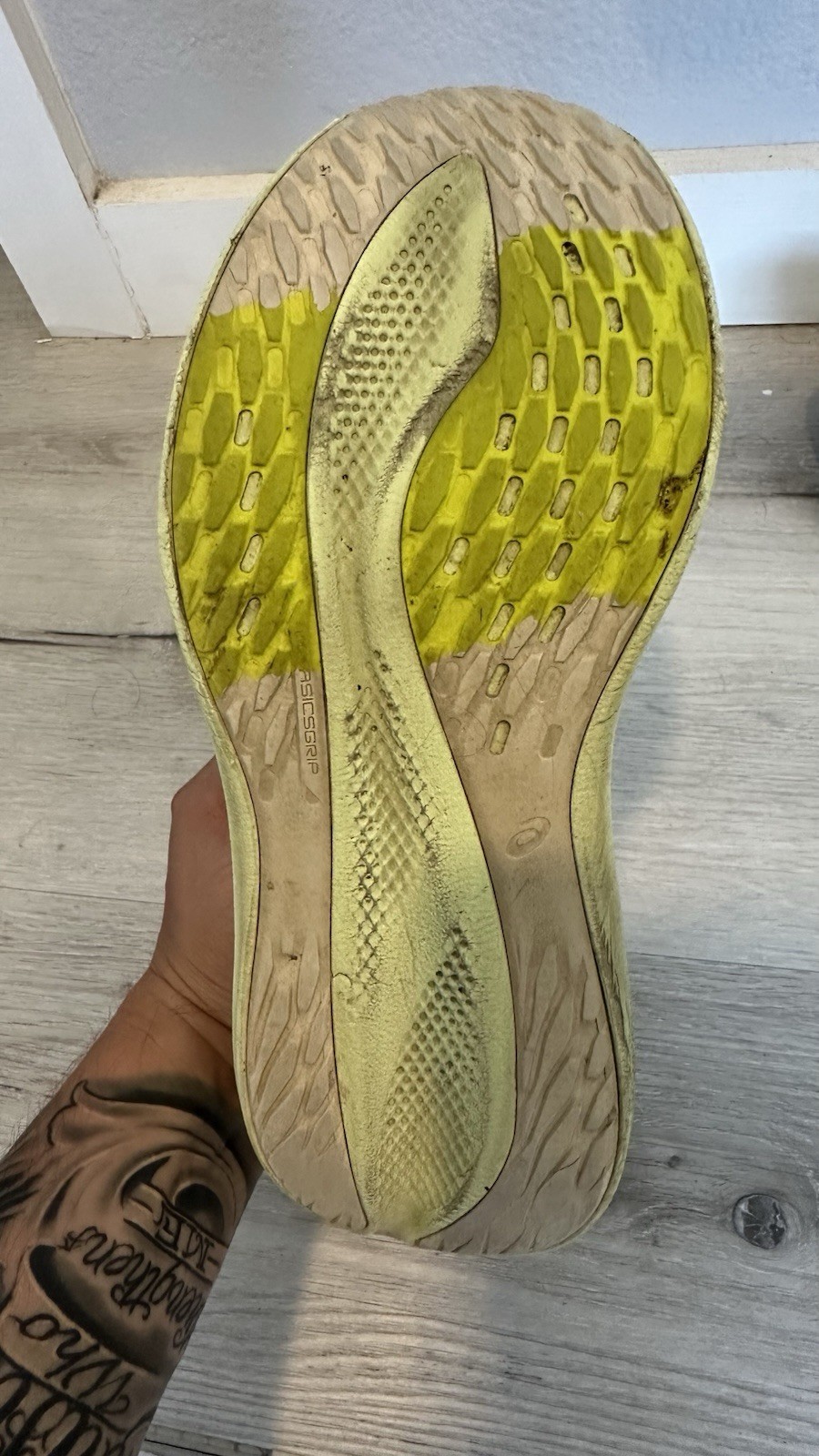 ASICS men’s Glideride Sole Beige/Green. Has tons of life left.