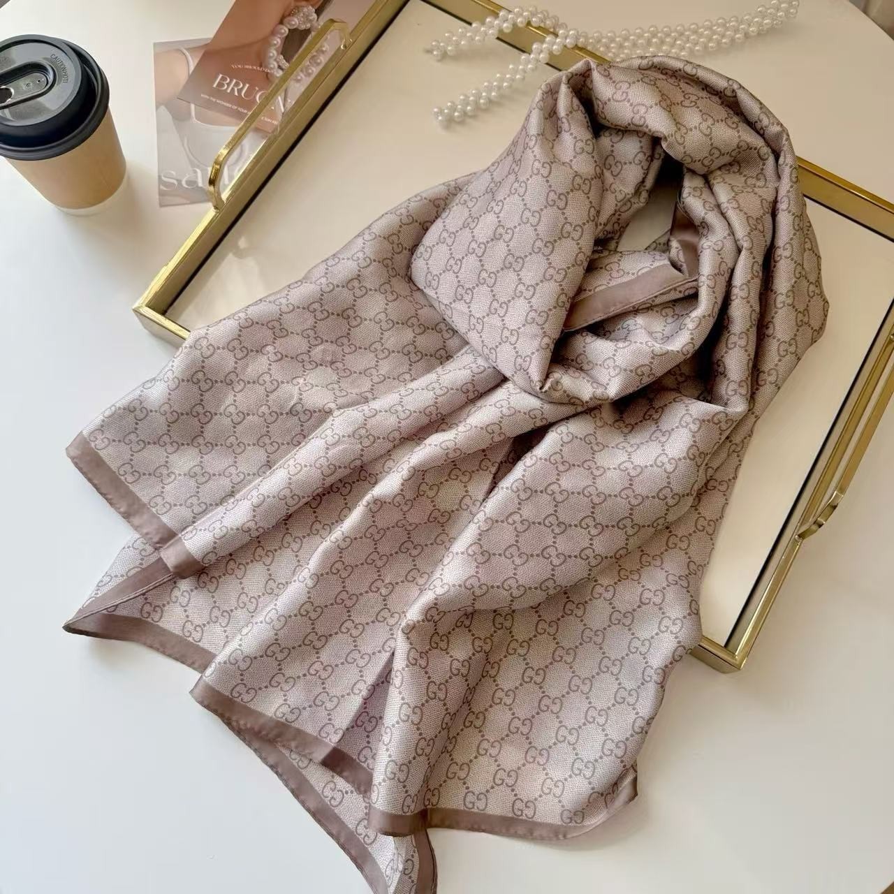 GUCCI SCARF SHAWL AUTHENTIC 100% SILK BEIGE BROWN CLASSIC LOGO LIGHT WEIGHT