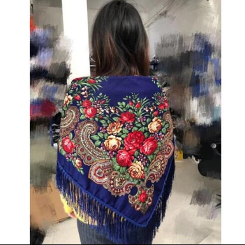 Ethnic Style Shawl Print Square Scarf Cotton Scarf Retro Tassel Shawl Women