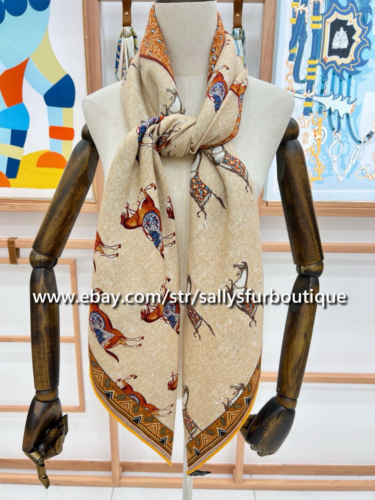 Sallys 70% Cashmere & 30% Silk Wrap Scarf Horses Print Double Face Shawl 53″