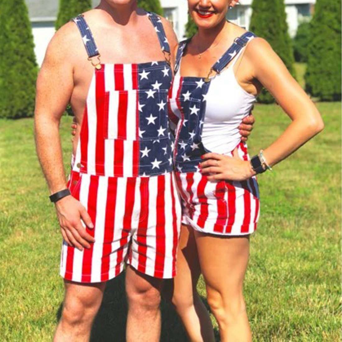 Women’s & Men’s Overalls USA America Flag Print Bib Pants Jumpsuit Romper Shorts