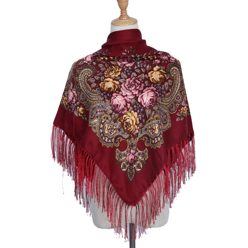Ethnic Style Shawl Print Square Scarf Cotton Scarf Retro Tassel Shawl Women