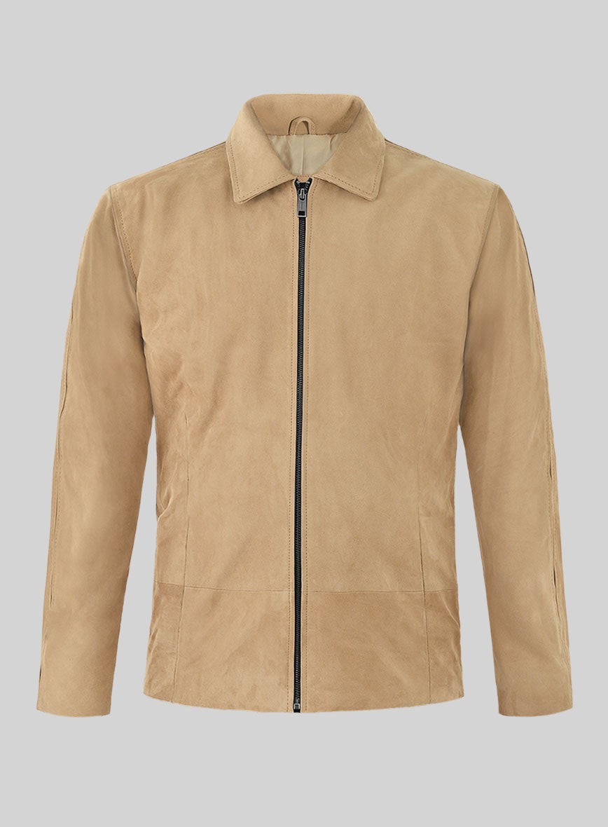 Men’s Beige Tan Suede Leather Jacket Minimalist Slim Fit Luxury Zip Bomber Coat