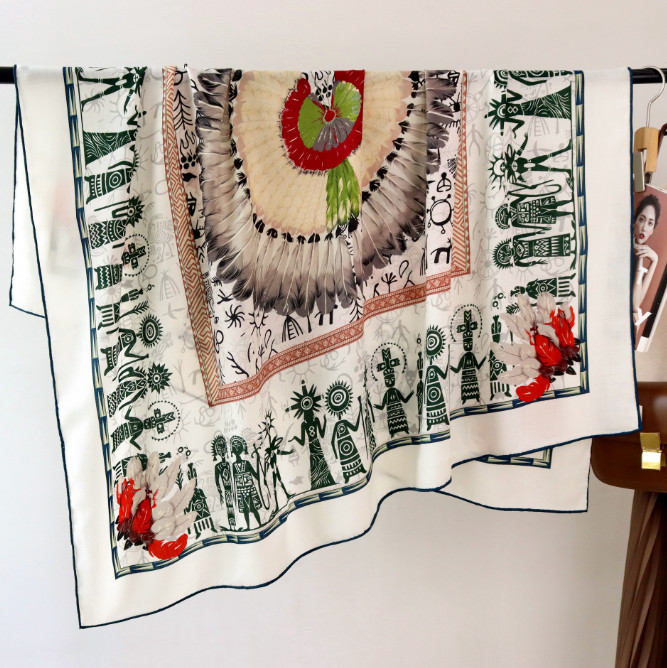 70% Cashmere 30% Silk Bandana 53” Red circle Print Scarf Neckerchief Shawl Wrap