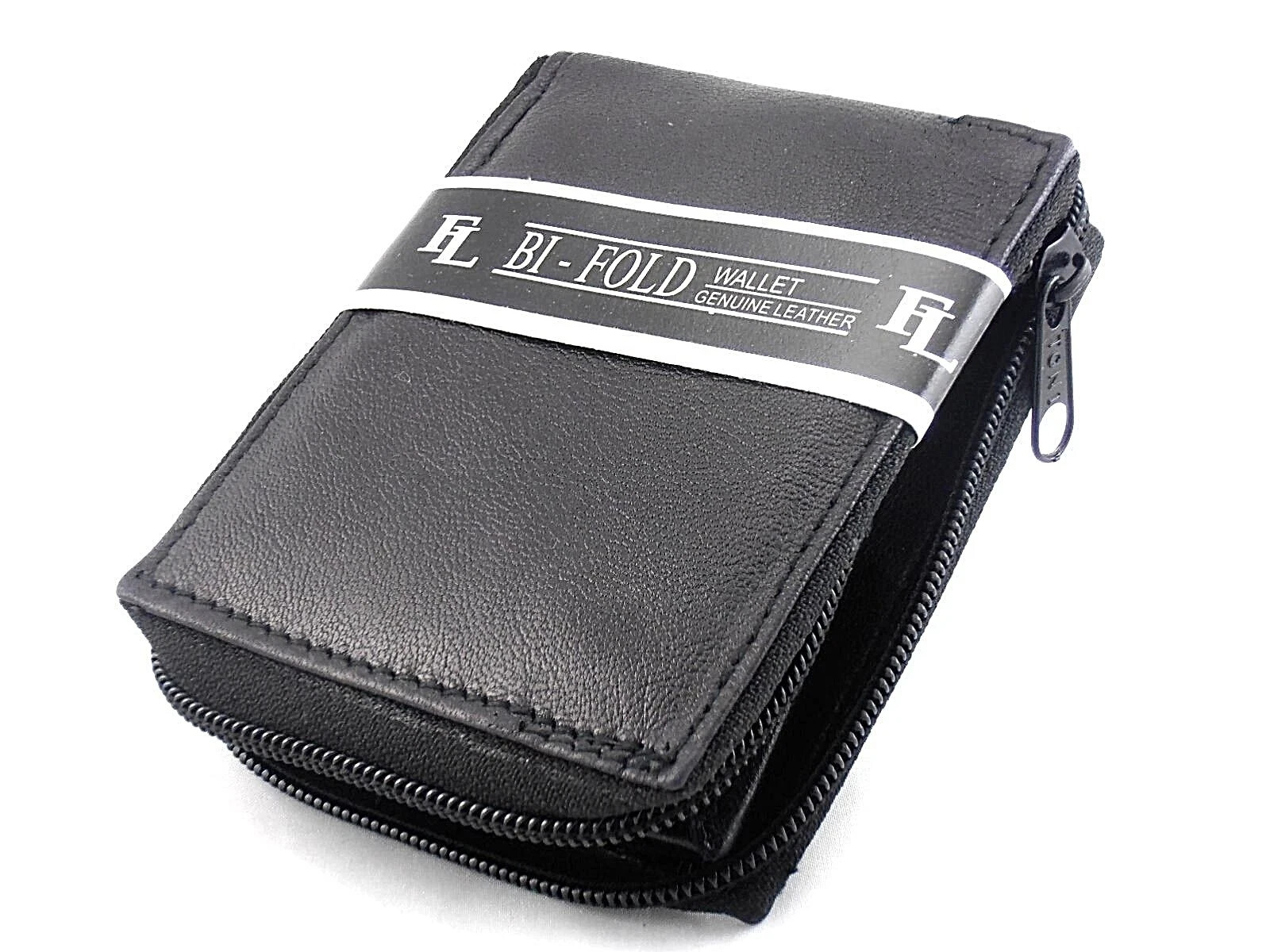 Mens Zip Around Bifold Wallet Genuine Leather Black Id Pocket Credit Card Window