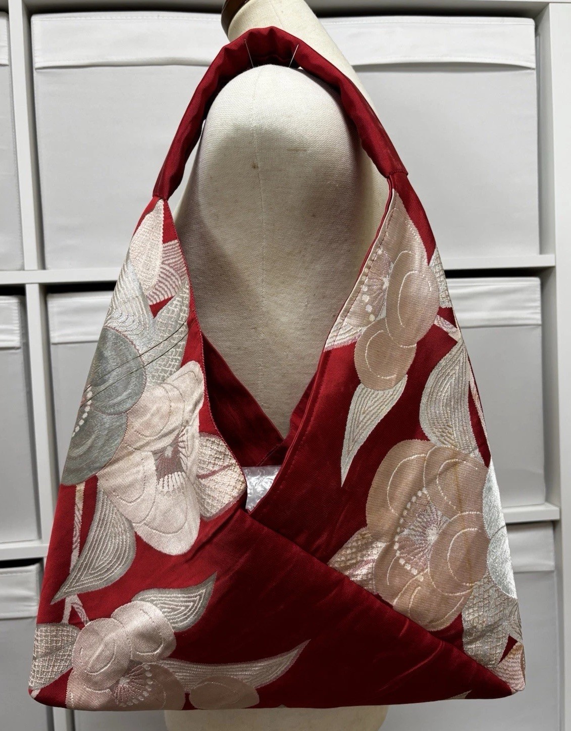 Vintage Japanese Obi Silk Shoulder Bag One of a Kind Pearl Beige Knot Purse