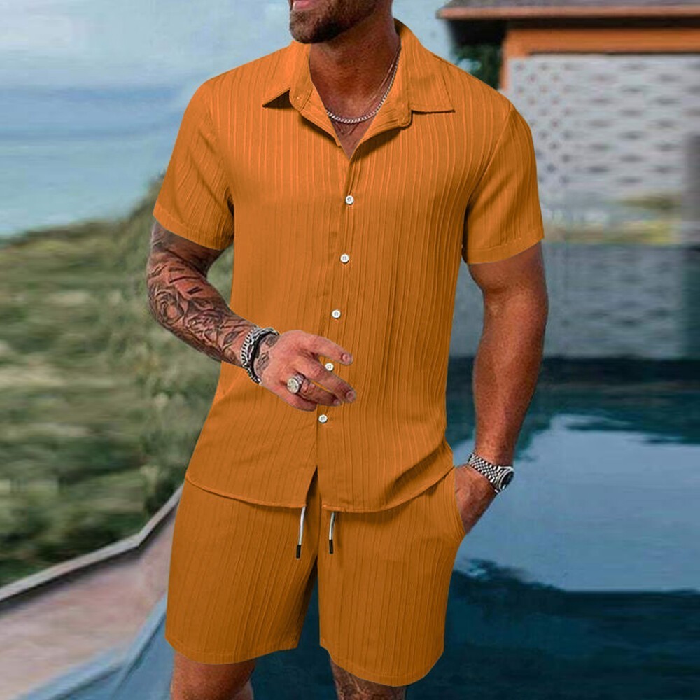 2026 Men 2 Set Short Sleeve Button Shirt Shorts Suit Tops+Shorts T Shirts Casual