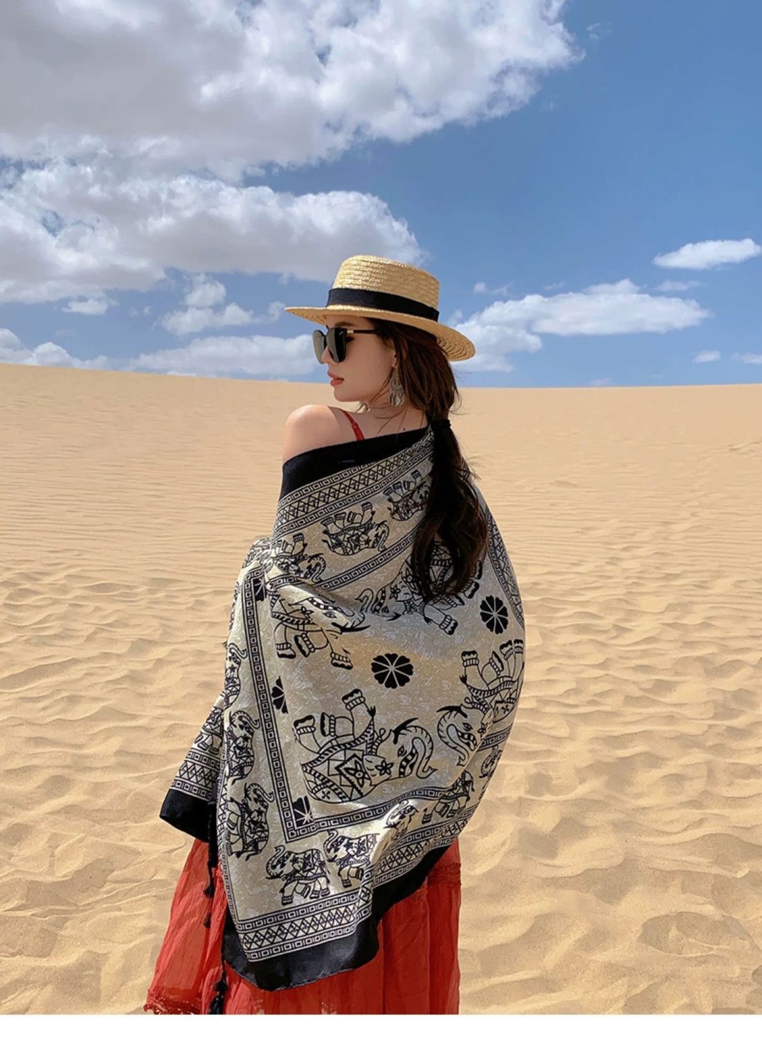 Elephant Print Scarf Shawl Wrap Ethnic Lightweight Cover for Summer Travel Sun