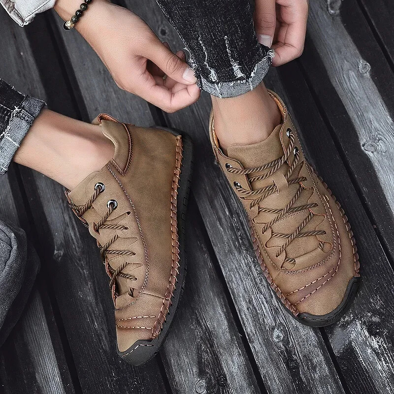 Men Hand Stitched Leather Walking Shoes Lace Up Non Slip Casual Outdoor Sneakers