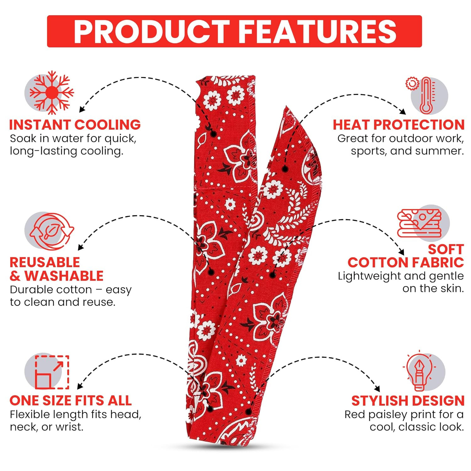Iconikal 4-Pack Cooling Gel Bandana Head Band, 38-Inch, Red Blue Paisley, Cotton