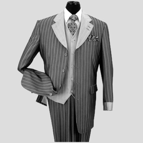 Men’s 3 Piece Classic Gangster Pinstripe Wool Feel Suit w/ Vest 2911