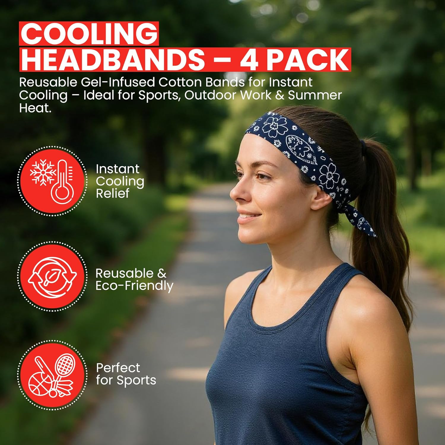 Iconikal 4-Pack Cooling Gel Bandana Head Band, 38-Inch, Red Blue Paisley, Cotton