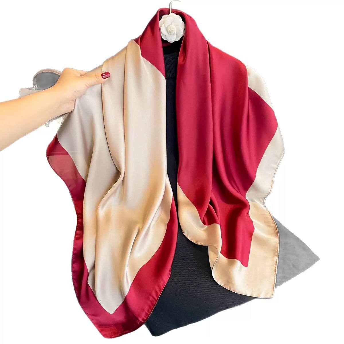 90cm Mulberry Silk Square Scarf Red Beige Printed Shawl Wrap