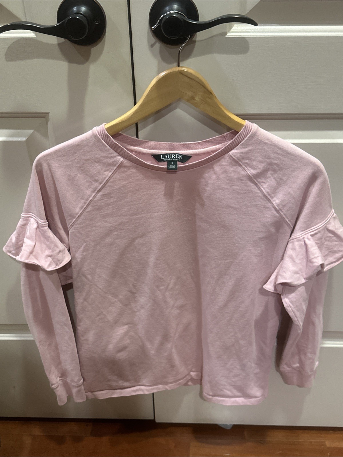 Lauren Ralph Lauren Small Long Ruffled Sleeve Pink T Shirt 100% Cotton