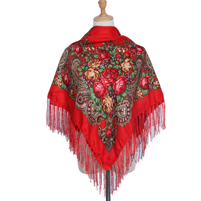 Ethnic Style Shawl Print Square Scarf Cotton Scarf Retro Tassel Shawl Women