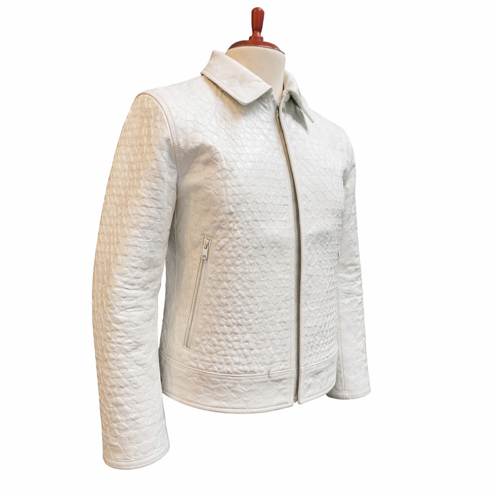 Men’s White Crocodile Texture Leather Jacket Zip Up Fashion Biker Coat.